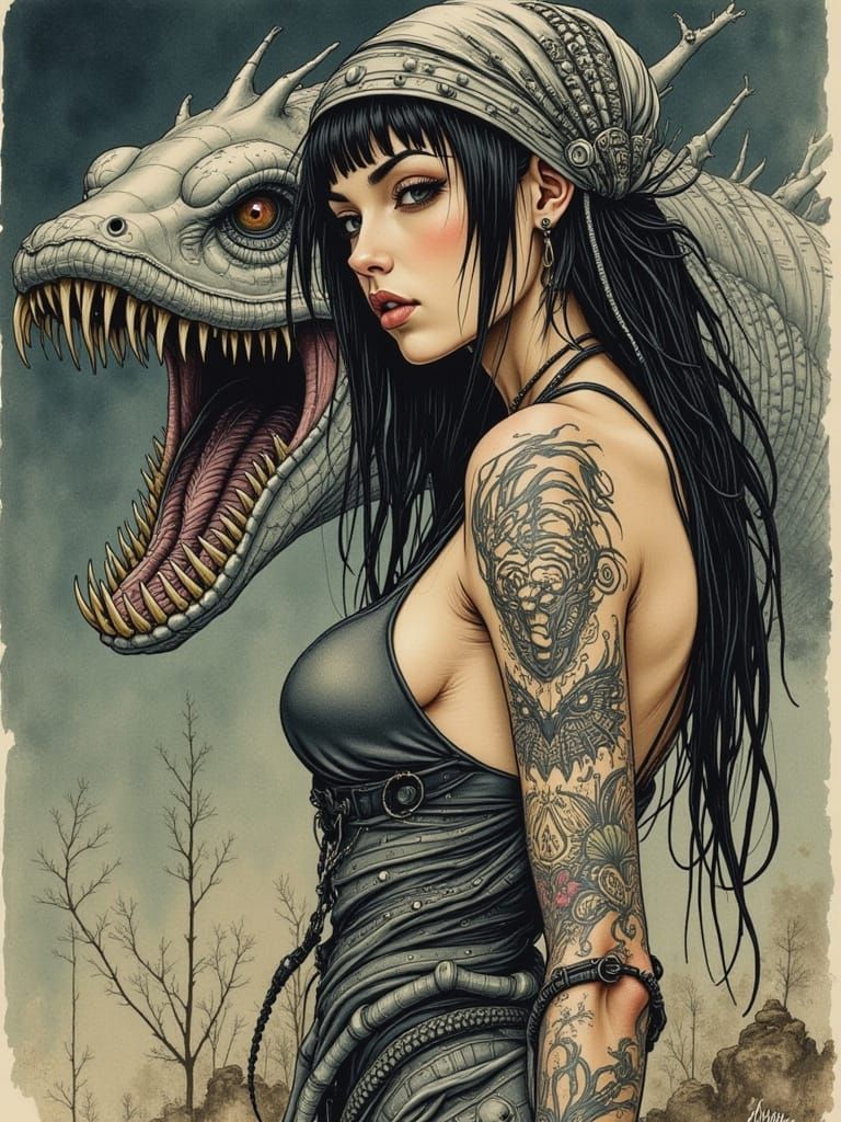 Woman and Megalodon Statue in Watercolour Painting