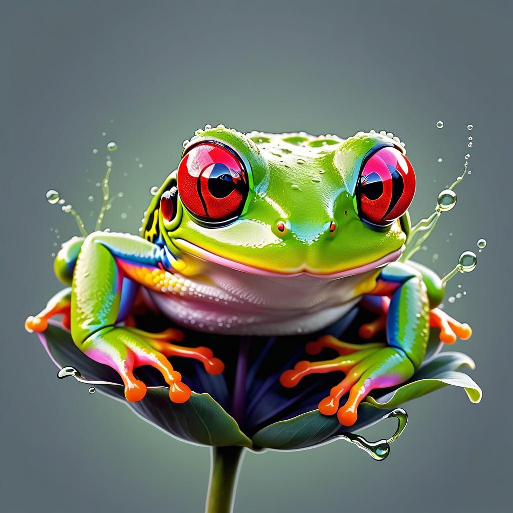 Red-Eyed Frog in Pink Peony: Stylized Illustration
