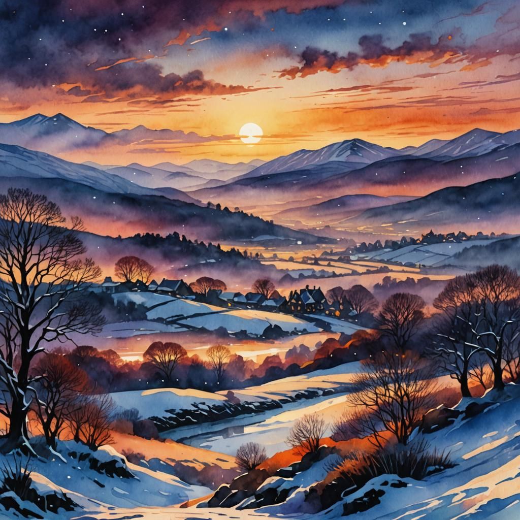 Celtic Winter Sunset Digital Watercolor Illustration