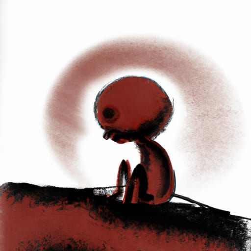 Lonely Doll in Red Ink Gothic Landscape