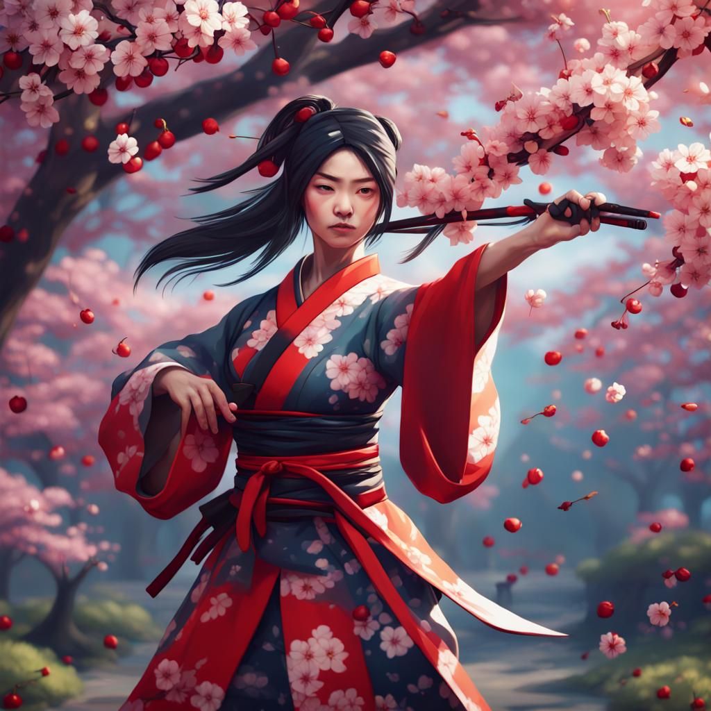 Ninja in Cherry Orchard: Japanese Painting Style