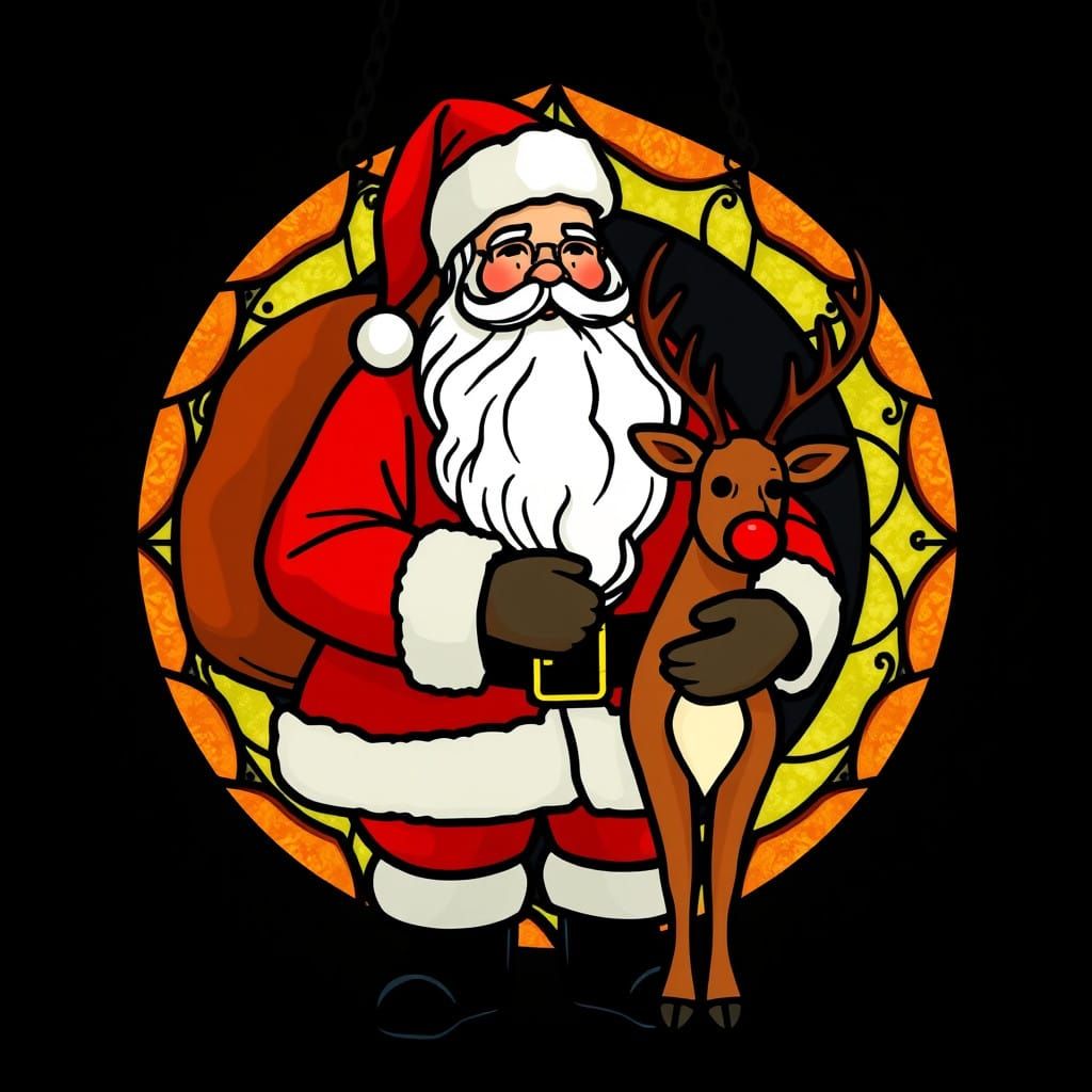 Christmassy Santa with Rudolph in Golden Stained Glass