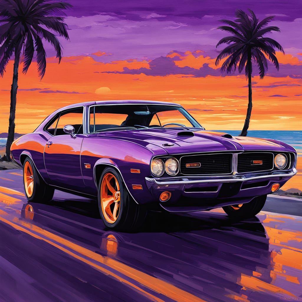 Vibrant Plum Crazy Purple Muscle Car Under Sunset Beach Sky