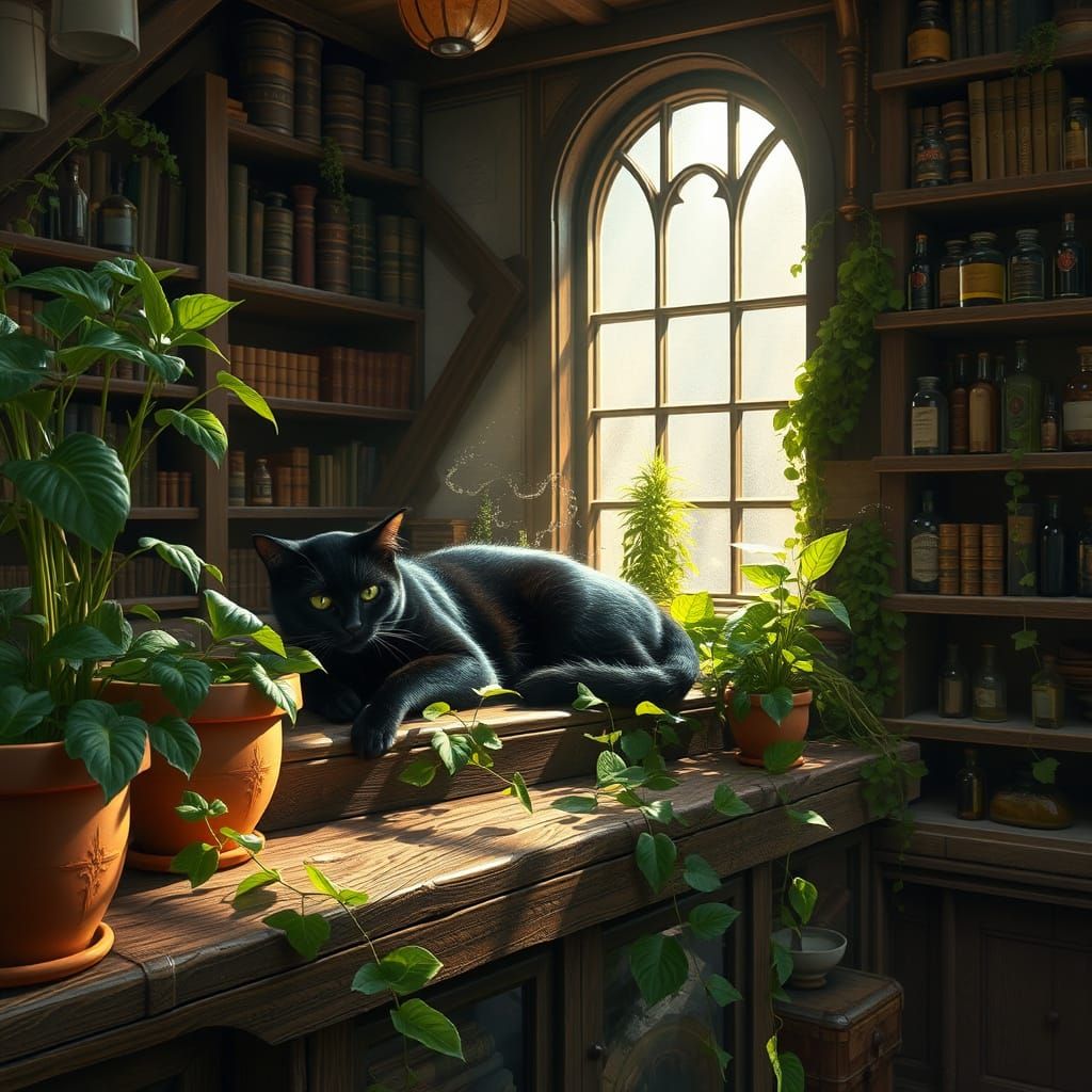 Black Cat Napping in Enchanted Apothecary Shop