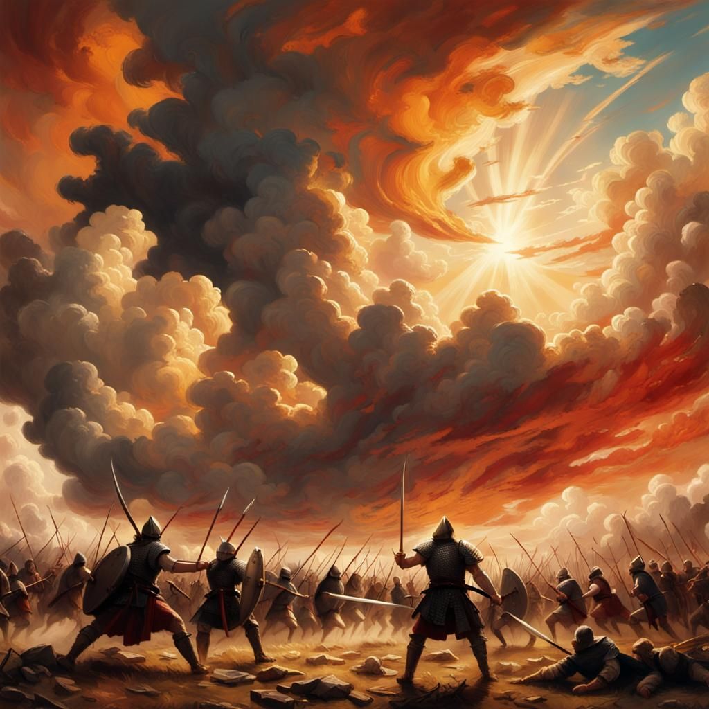 Epic Battle Scene in Bierstadt Cloudscape