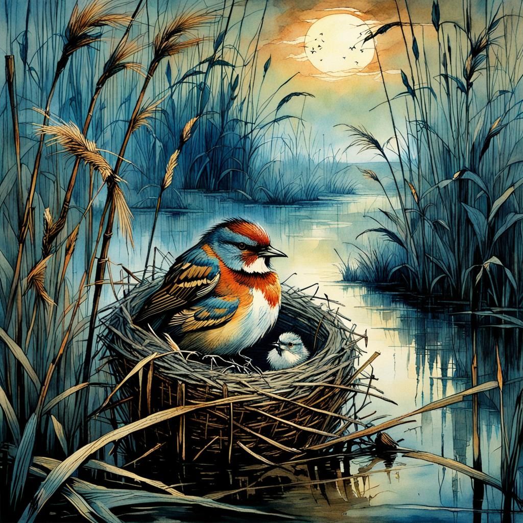 Bird's Nest in Reeds at Sunset: Illustrative Art
