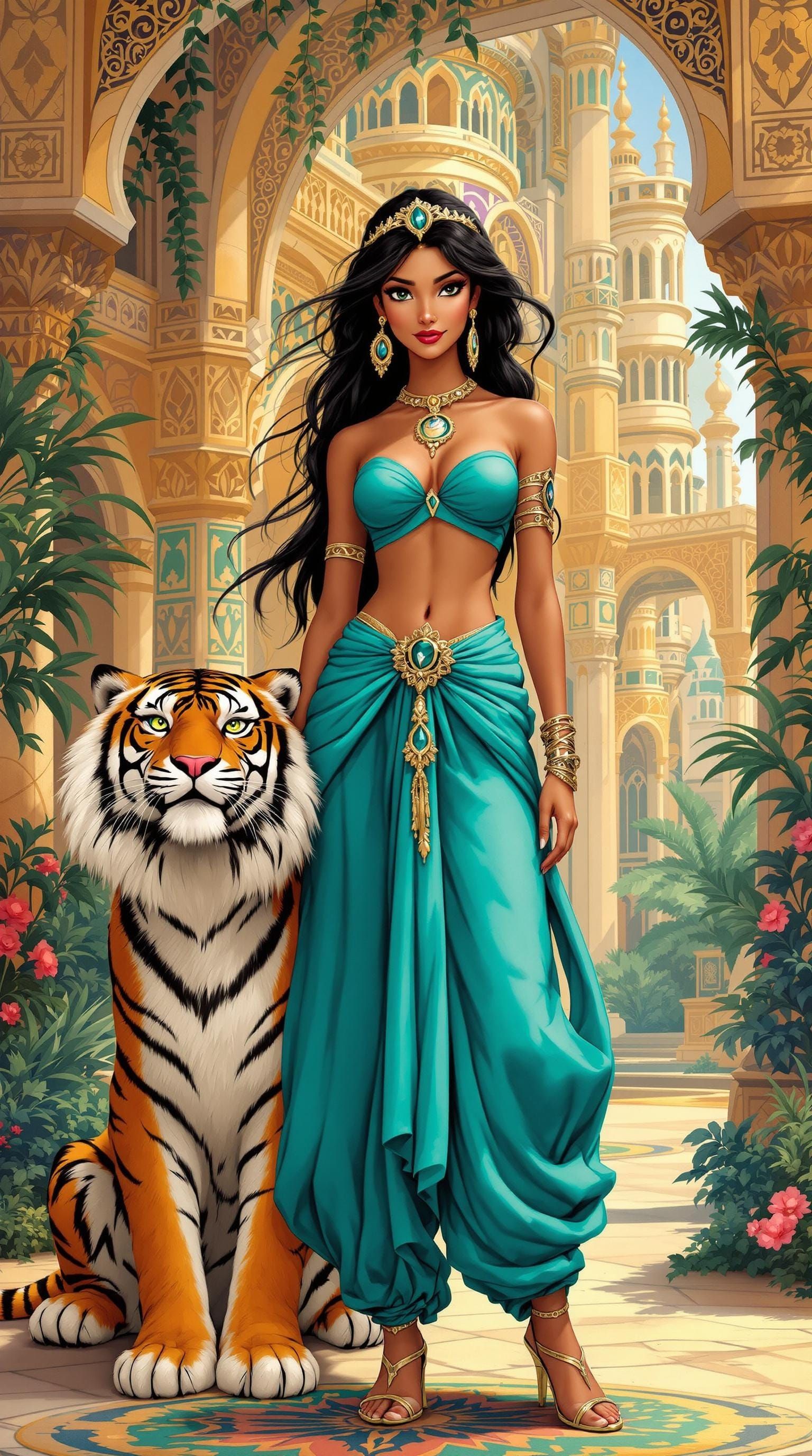 Princess Jasmine with her Majestic Tiger in Futuristic Agrab...