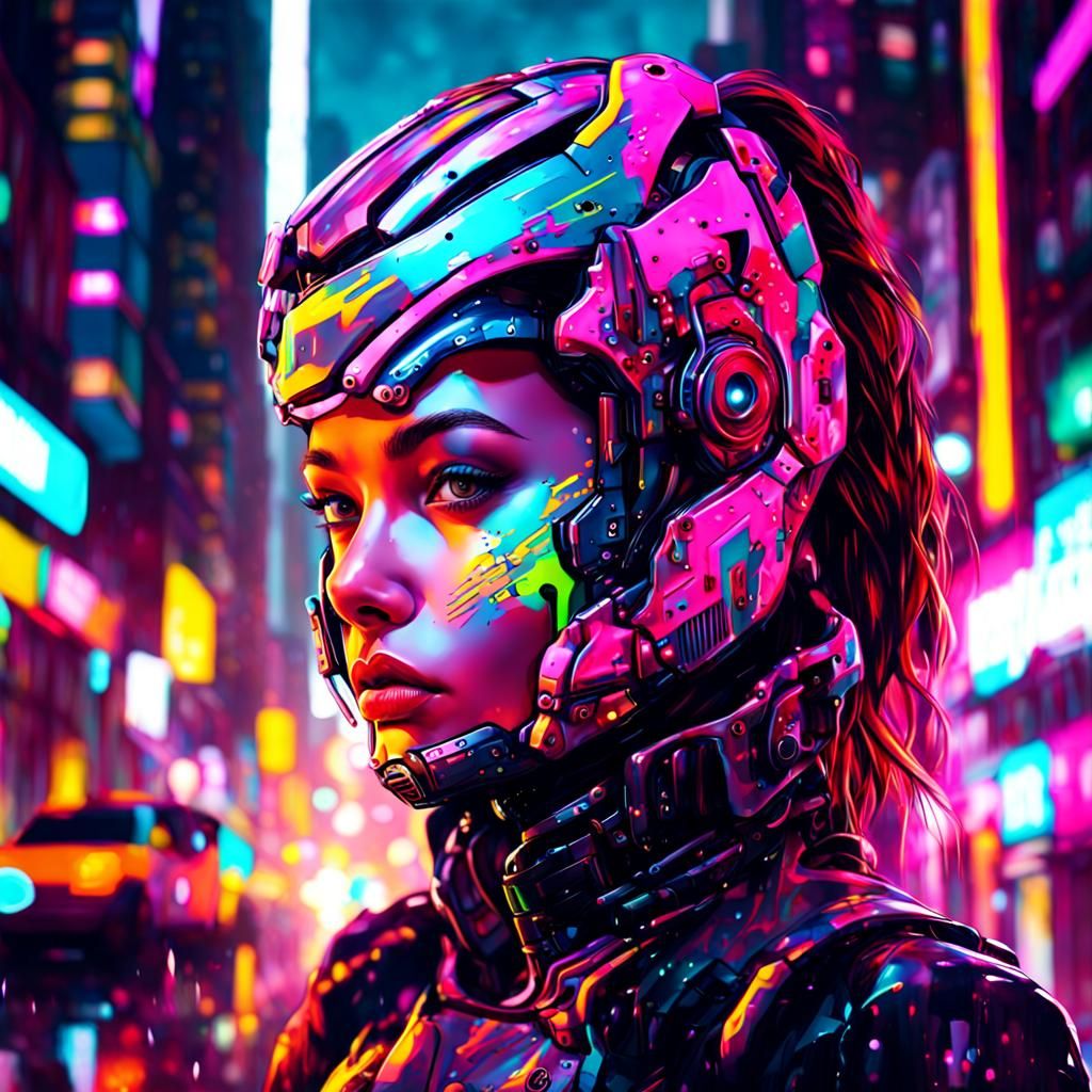 Cyborg Girl Portrait in Neon City Graffiti Art