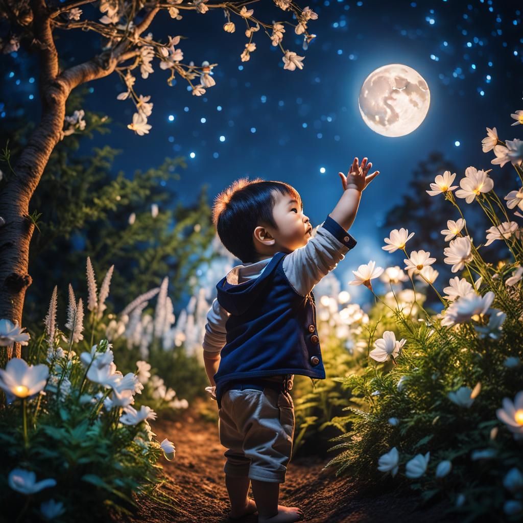 Toddler Reaches for the Moon in Enchanted Garden