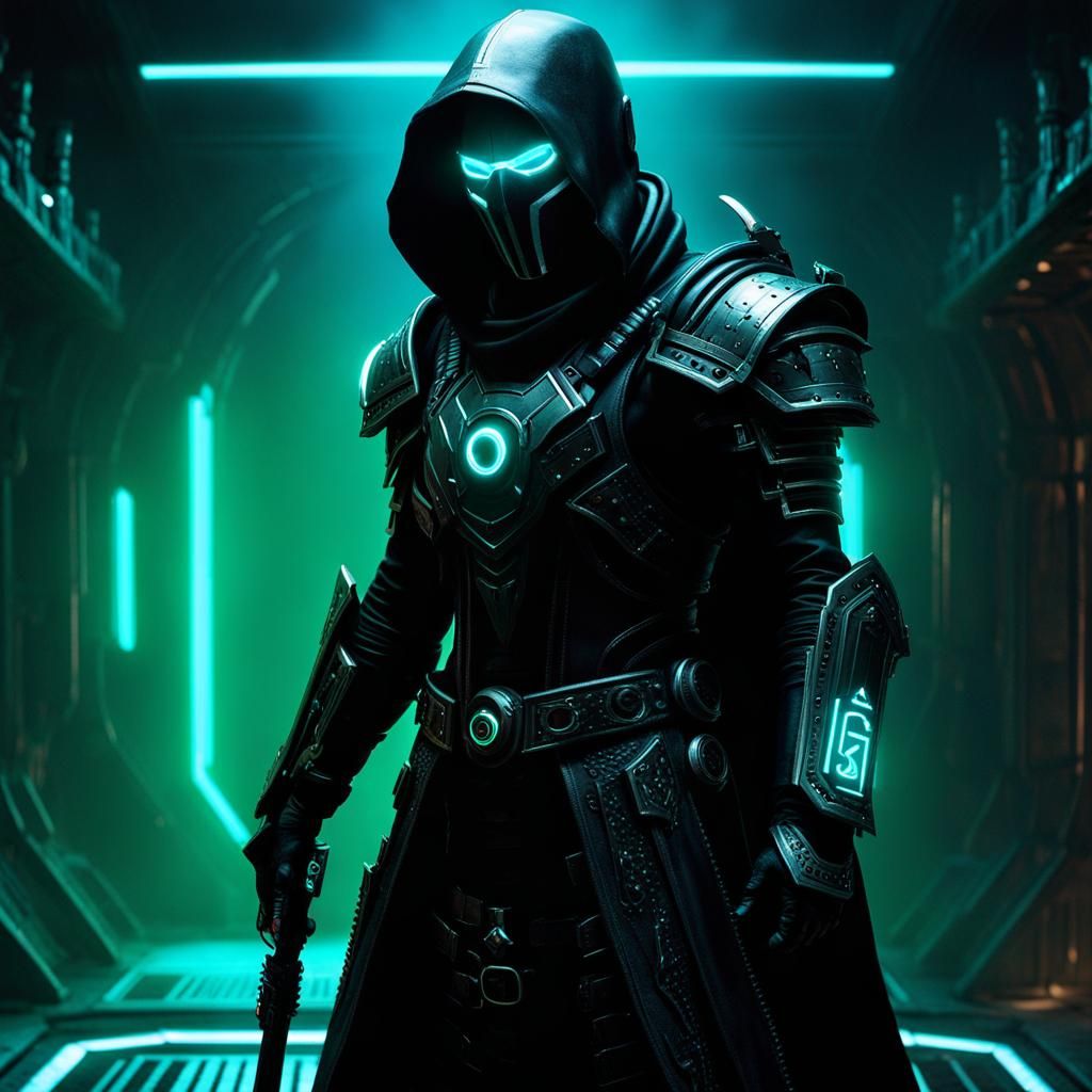 Grim Dark Technomancer Activates Holographic Symbols in Cybe...