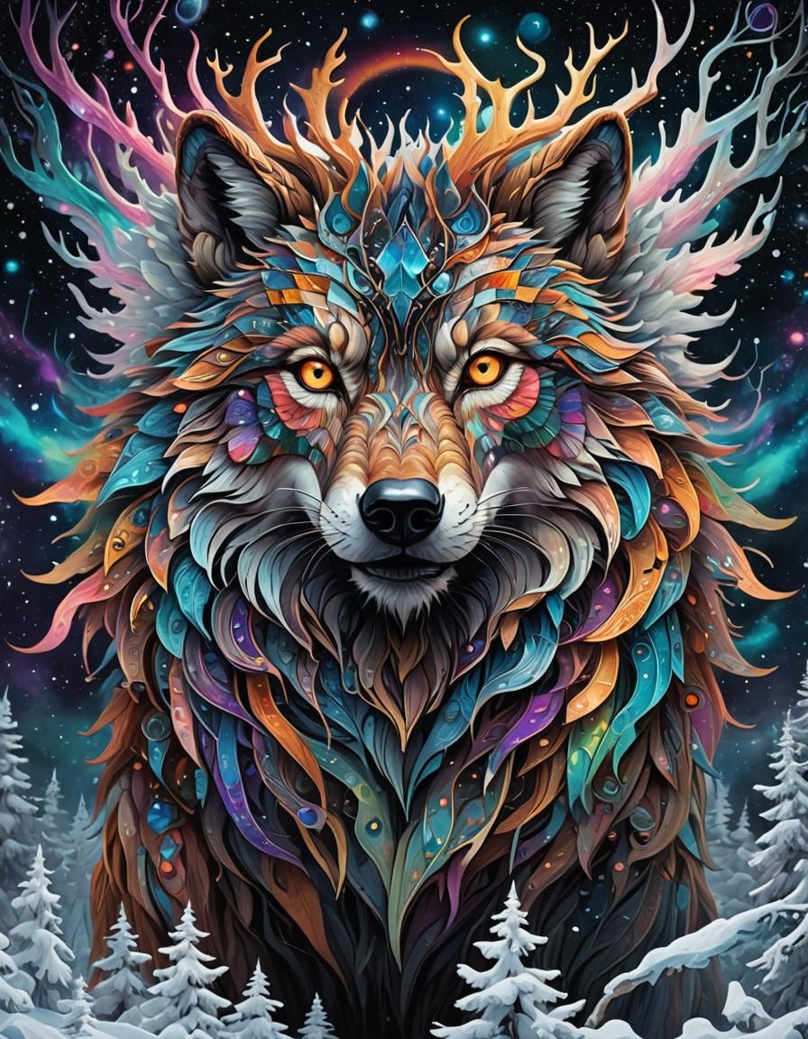 Psychedelic Nordic Wolf Demon in Space