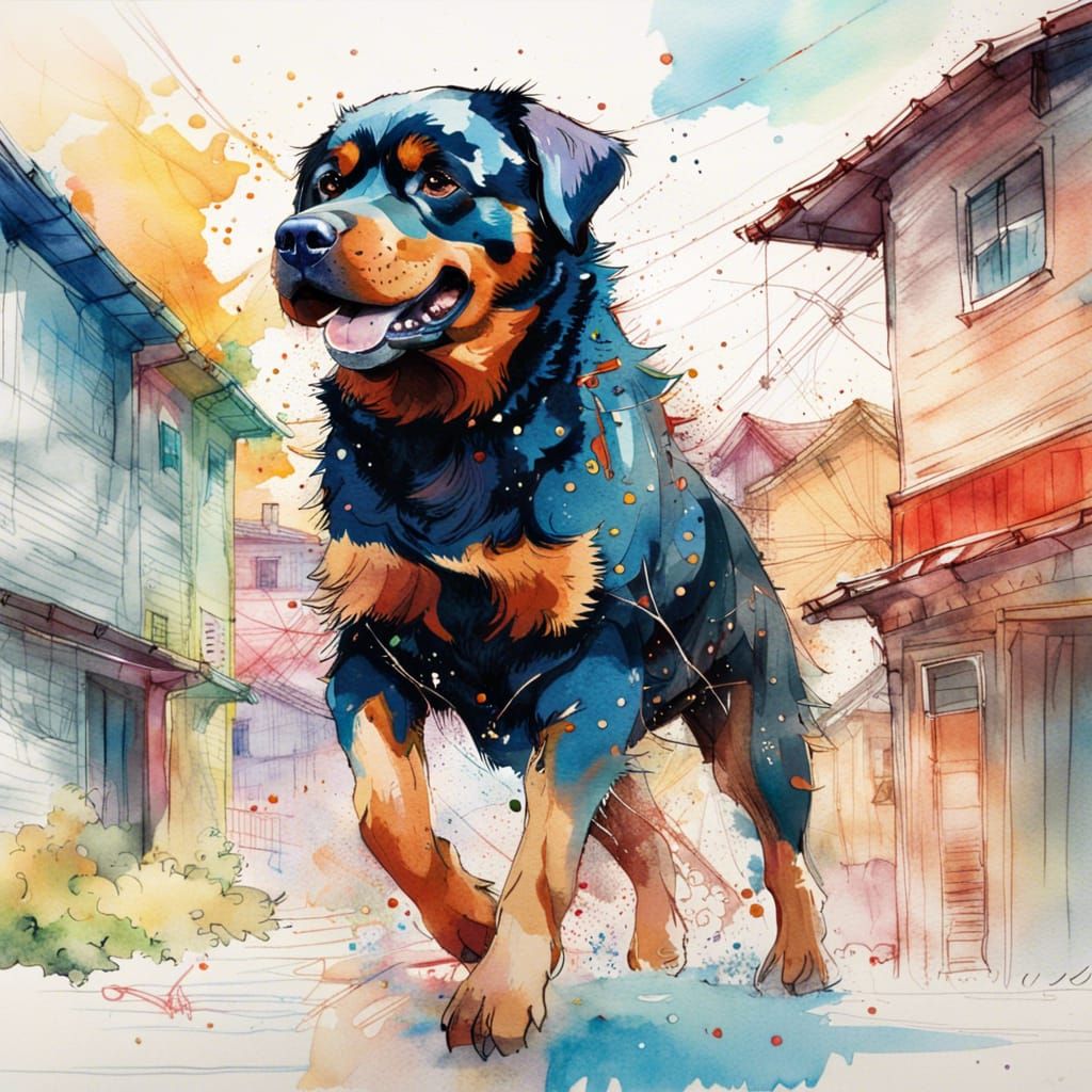 Anime Rottweiler Prancing Through Colorful Neighborhood