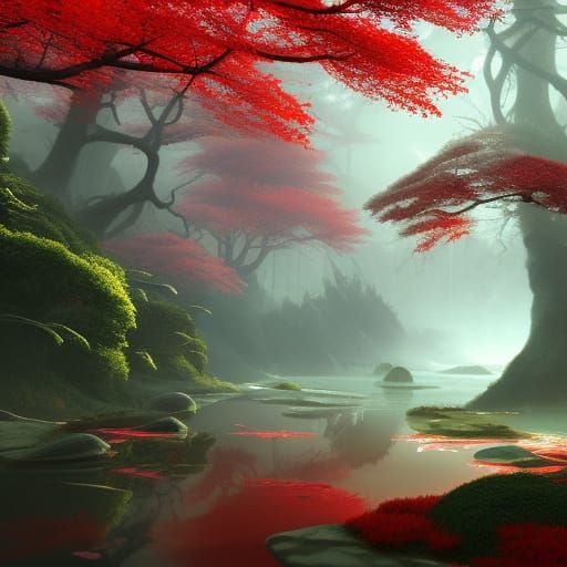 Red Japanese Forest River in Detailed Matte Painting