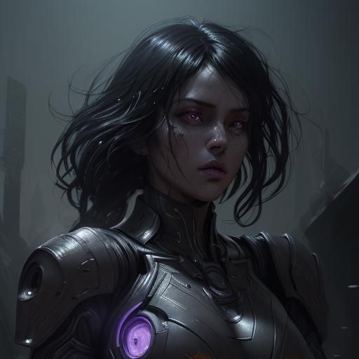 Militant Black-Haired Robot Woman: Dark Fantasy Concept Art