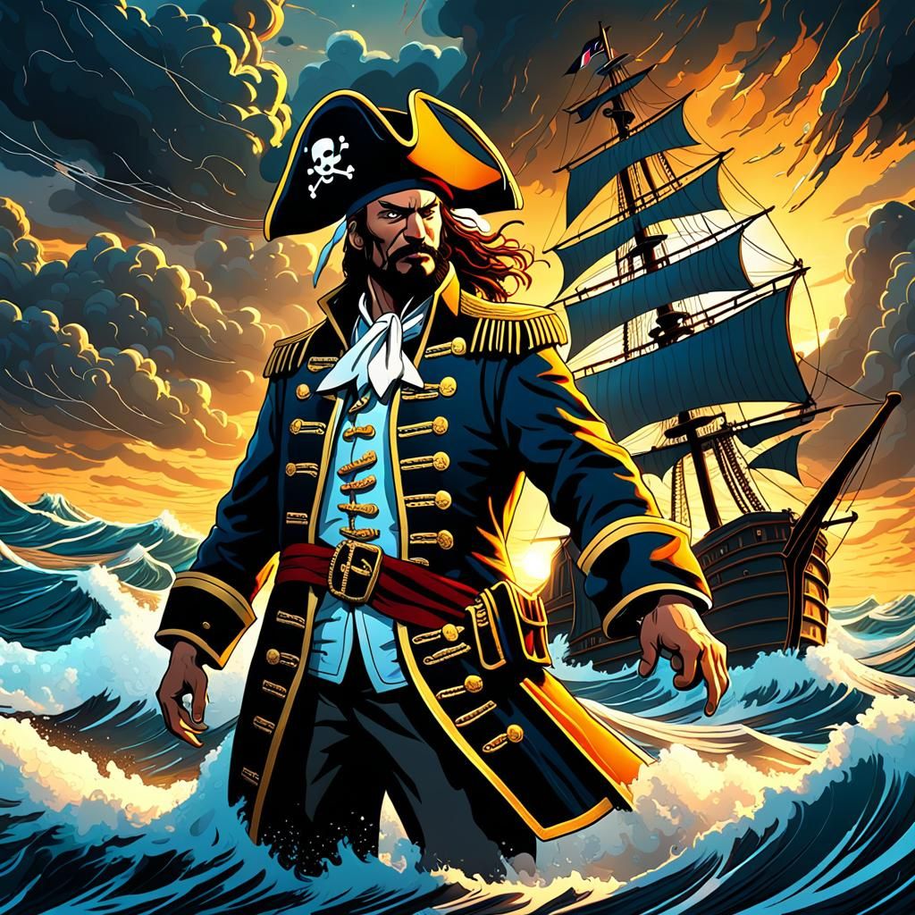 Anime Pirate Captain Commands Crew on Stormy Sea