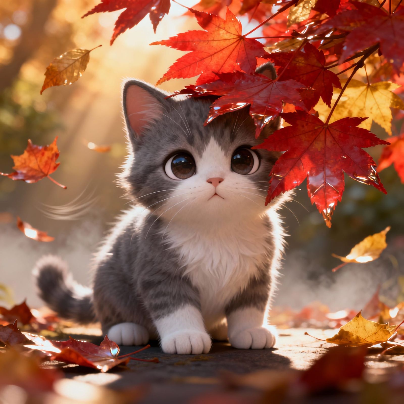Adorable Kitten Peeking From Autumn Leaves