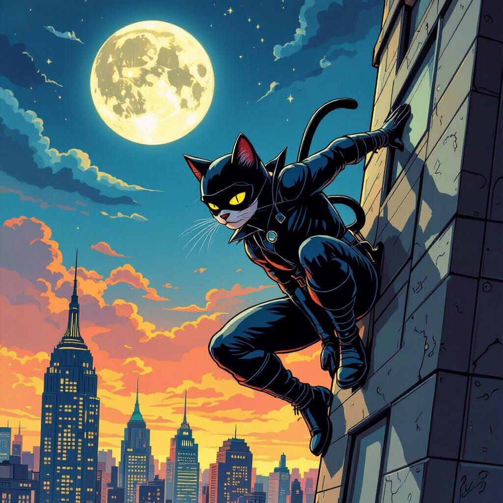 Cartoon Cat Burglar Scales Skyscraper in Comic Style