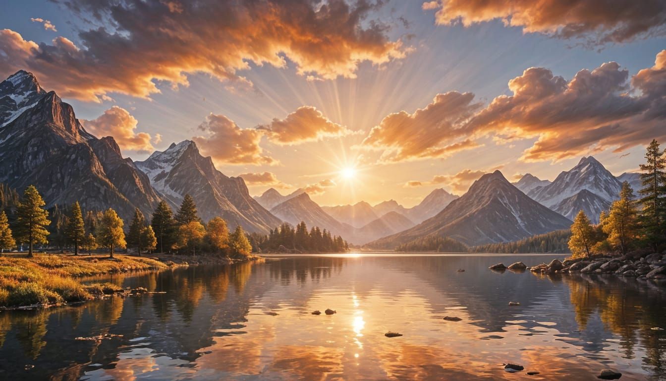 Picturesque Lake Island Sunset Mountain View