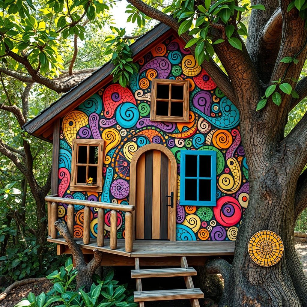 Vibrant Whimsical Treehouse Cabin in Colorful Zentangle Patt...
