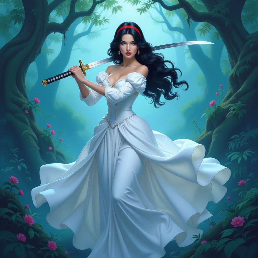 Snow White with Katana: Sensual Heroic Oil Painting