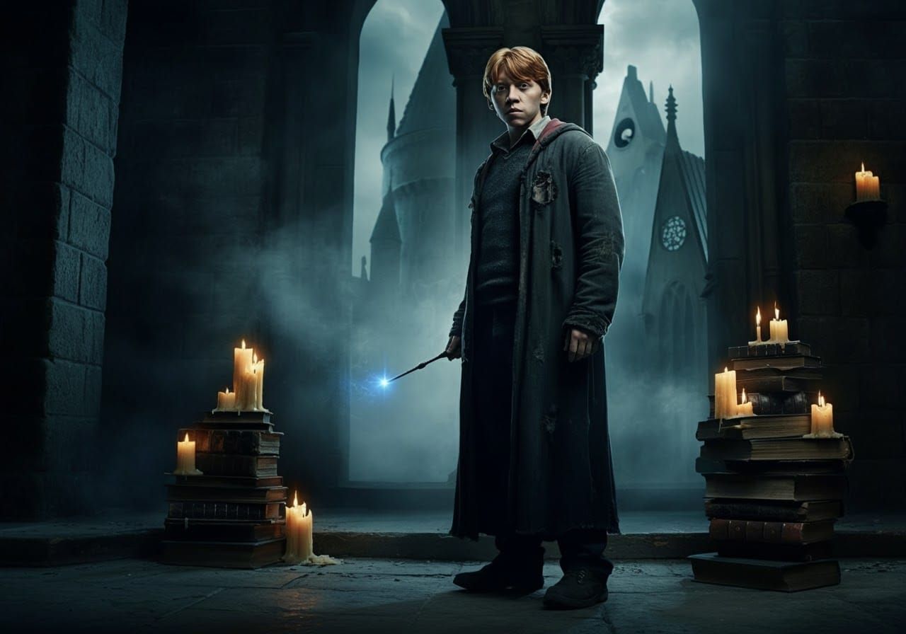 Wizard Conjuring a Spell at Hogwarts Tower