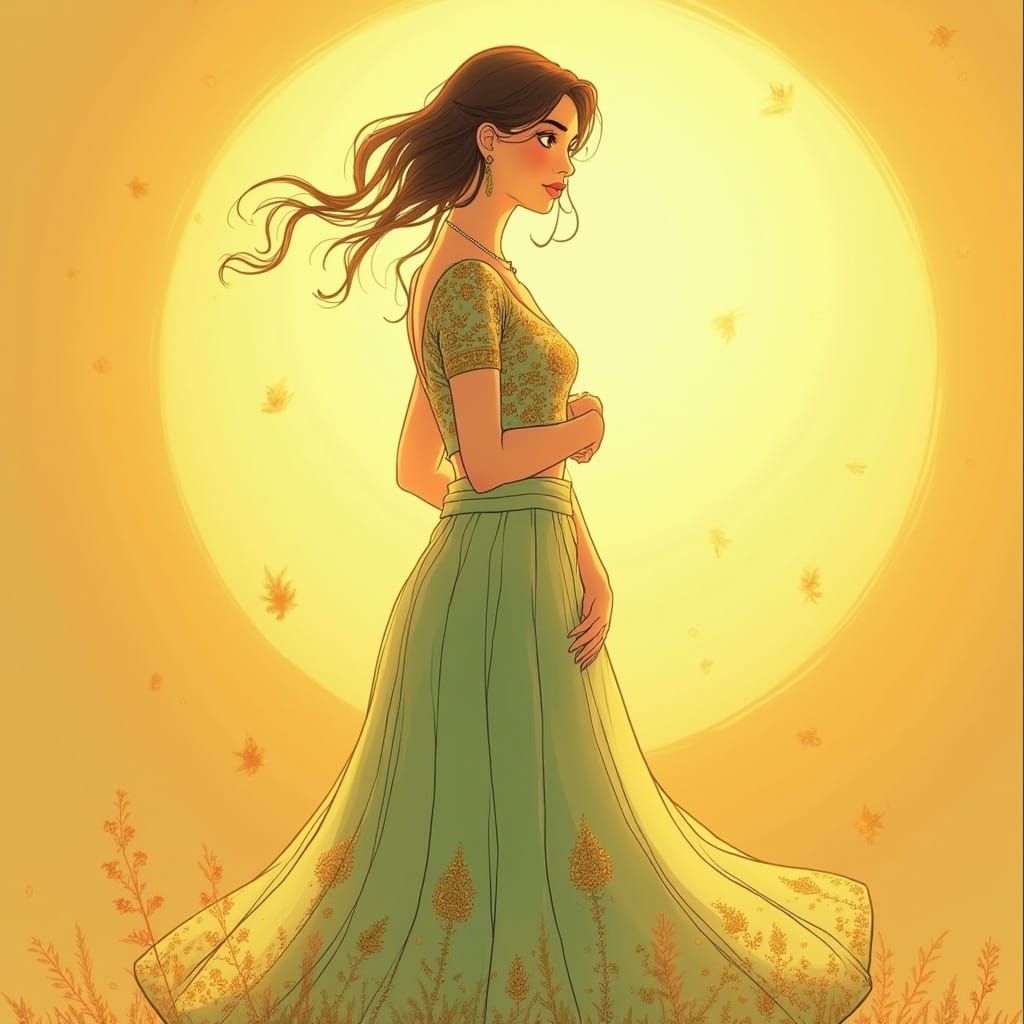 Ethereal Woman in Light Green Lengha Choli, Golden Embroider...