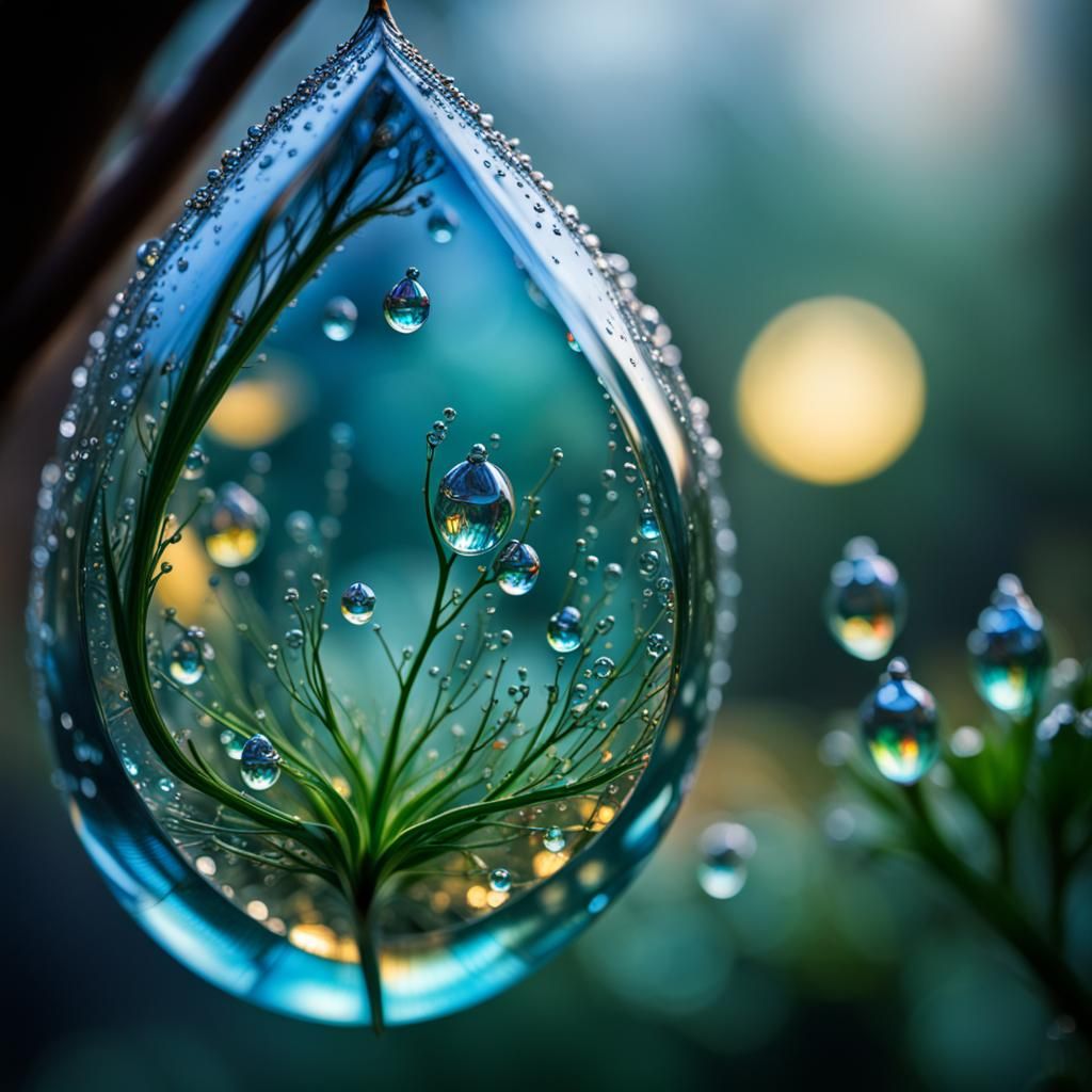 Iridescent Dew Drop: Hyperrealistic Close-Up