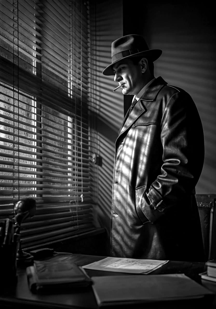 Gritty Black and White Detective Portrait in Film Noir Style