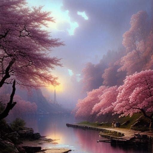 Cherry Blossoms in Mist: Naive Art Watercolor