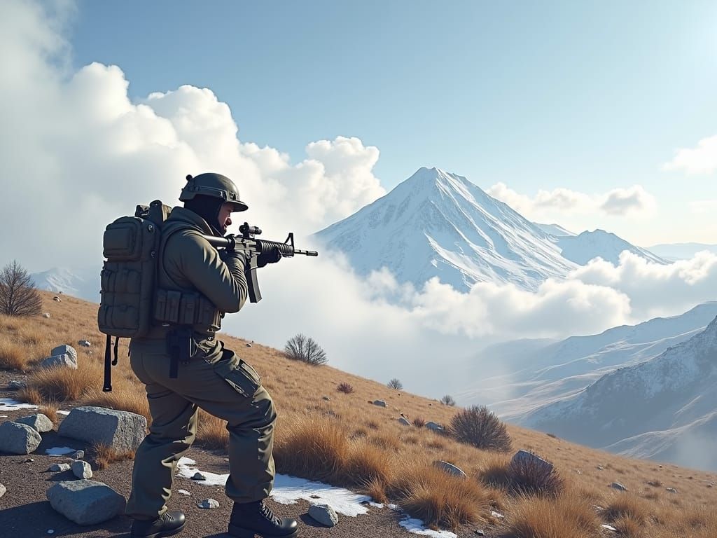 Heroic Figure with Rifle Against Mountain Backdrop