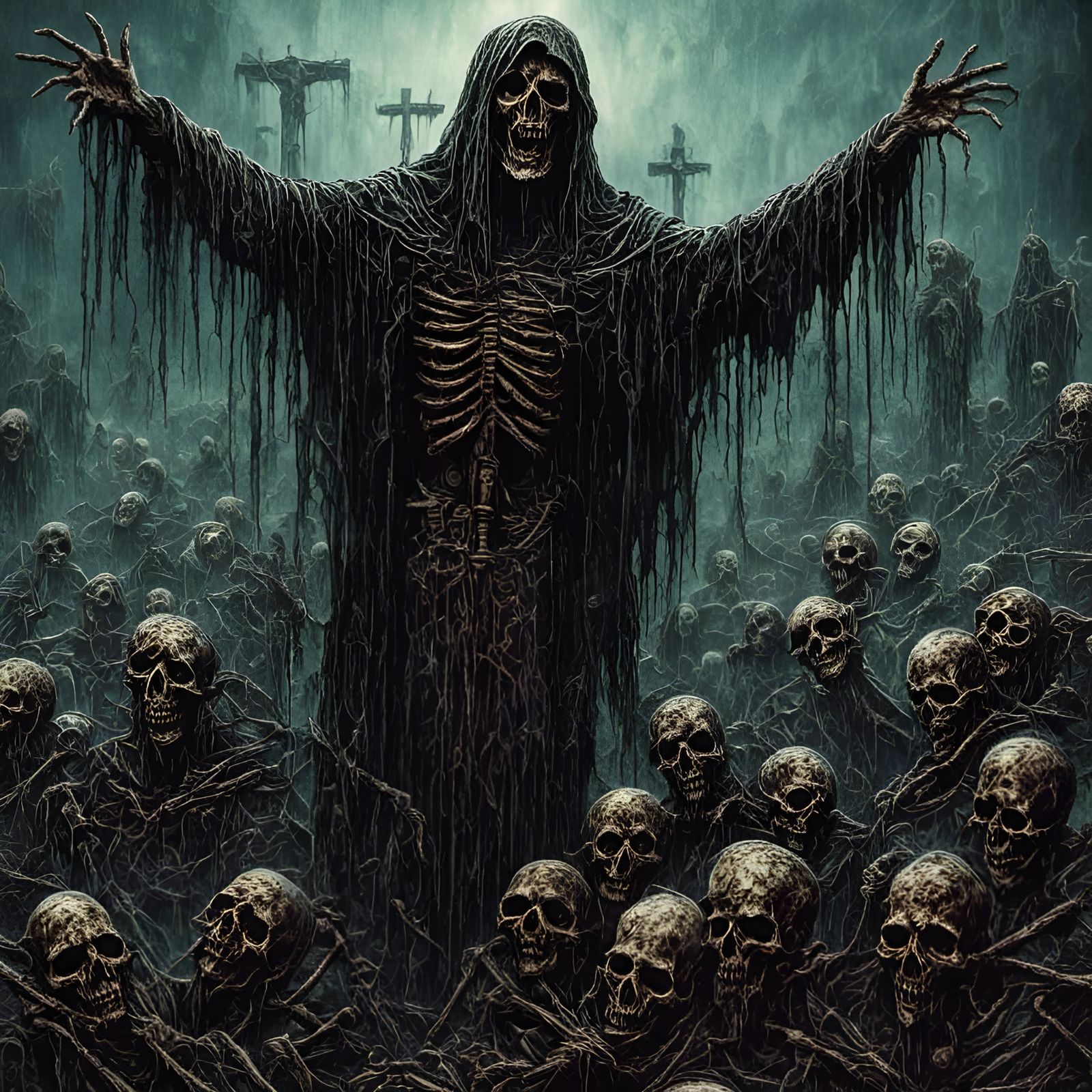 Jesus Christ Nailed to Cross in Psychedelic Horror Style