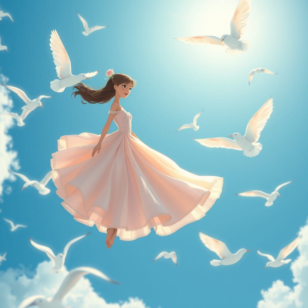 Princess in Delicate Feather Gown Soars Above Clouds