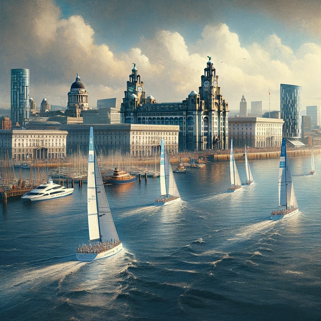 Liverpool Waterfront Yachts Race on Sunny Day in Oil Paintin...