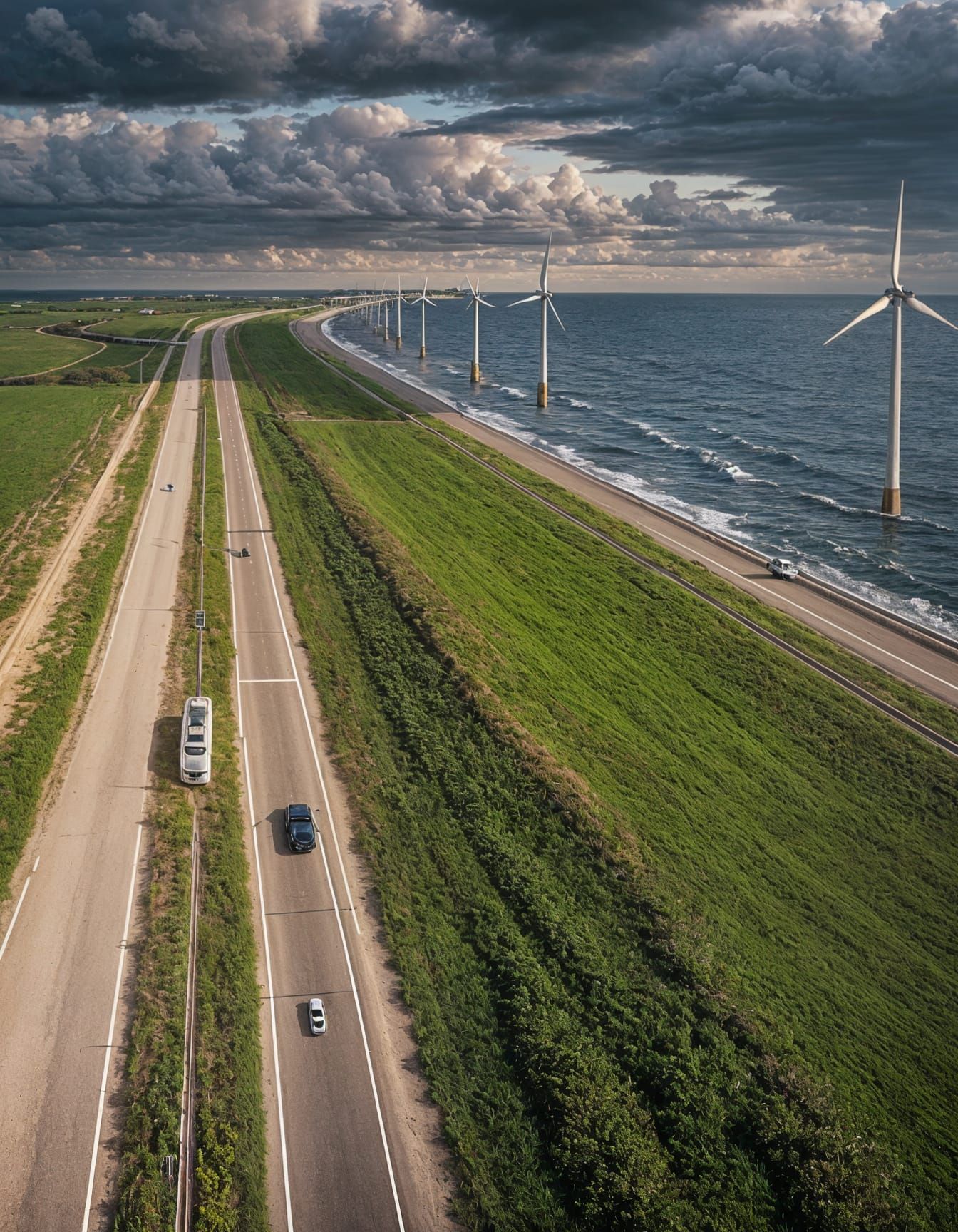 Hyperrealistic Ocean Road and Turbine with Car