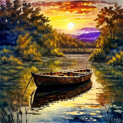 Couple on Houseboat in Impressionistic Oil Painting