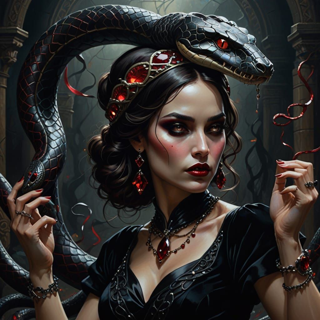 Dark Fantasy Woman with Snake in Gothic Surrealism