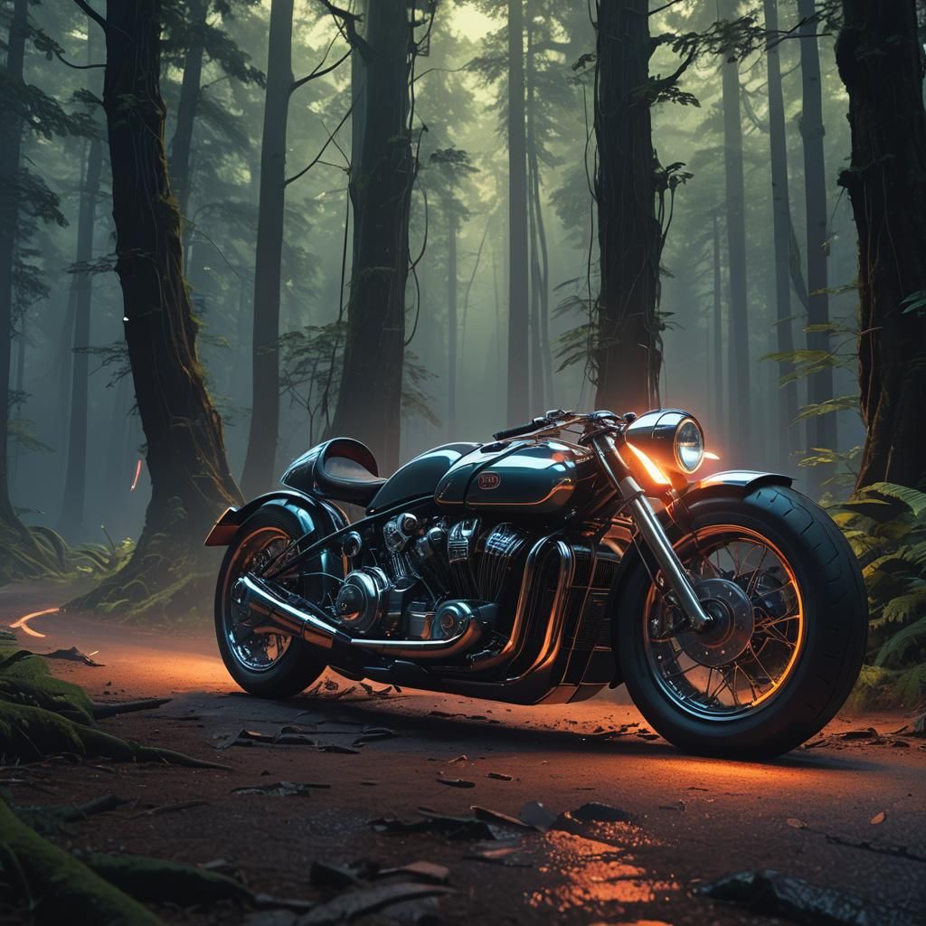Futuristic Bugatti Motorcycle in Mystical Forest