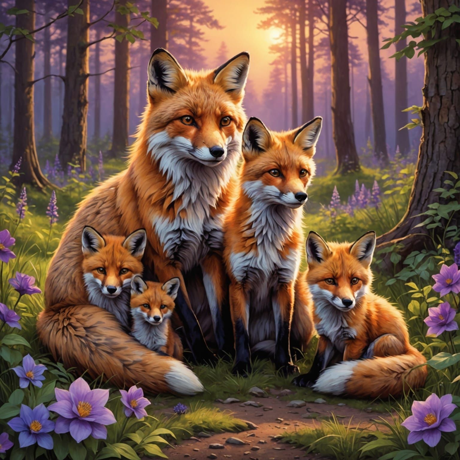 Majestic Fox Family in Sunset Illustration