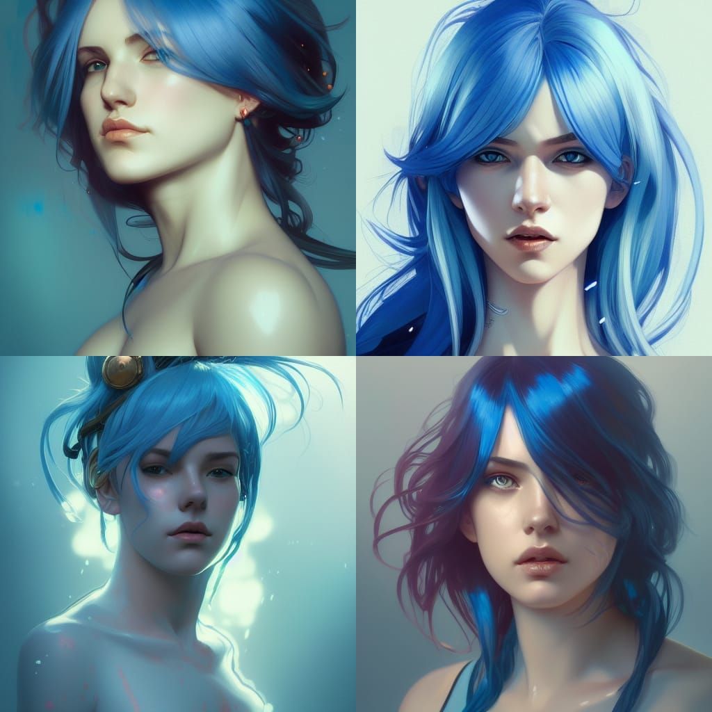 Blue-Haired Girl Portrait in Hyperdetailed Splash Art Style