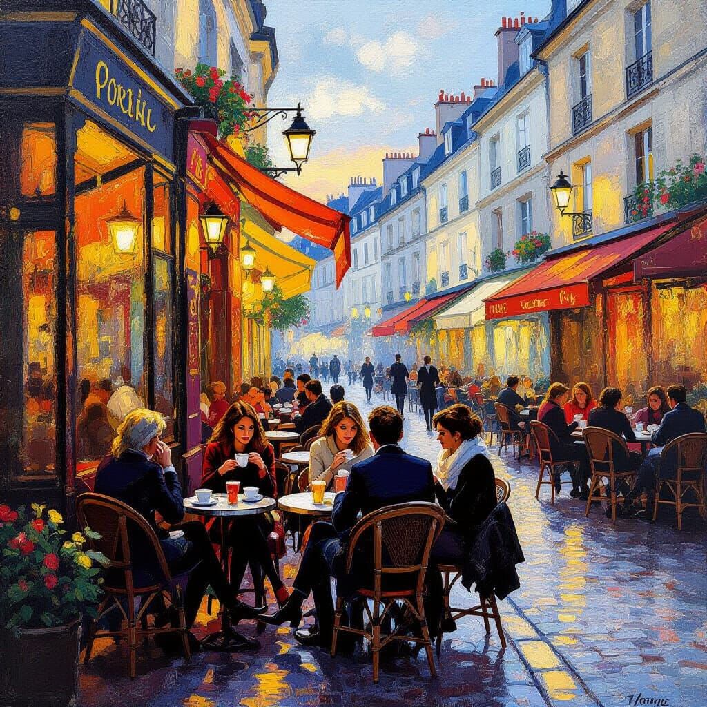 Parisian Cafe at Dusk: Neo-Impressionist Realism