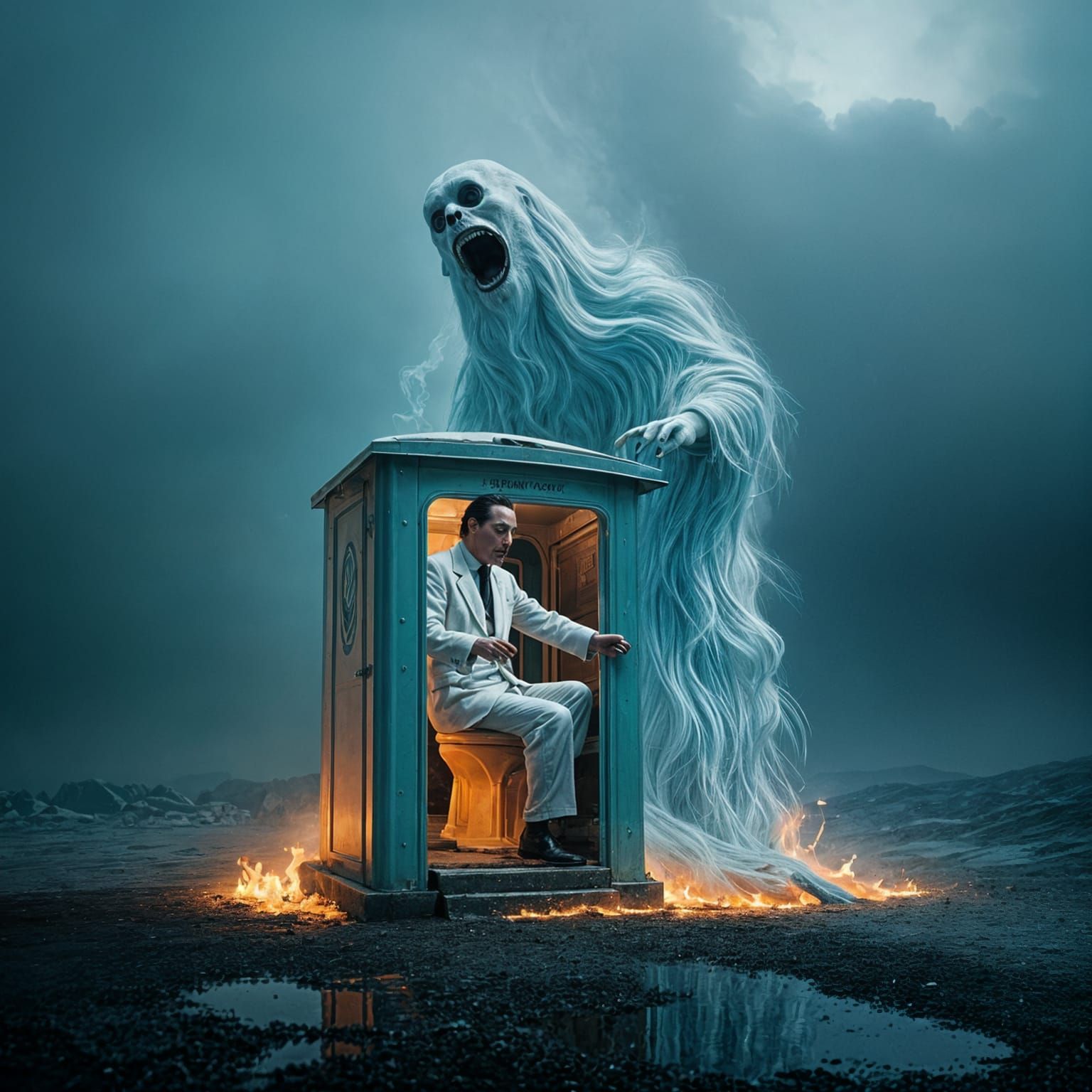 Ghostly Haunting of a Porta-Potty in Surreal Style
