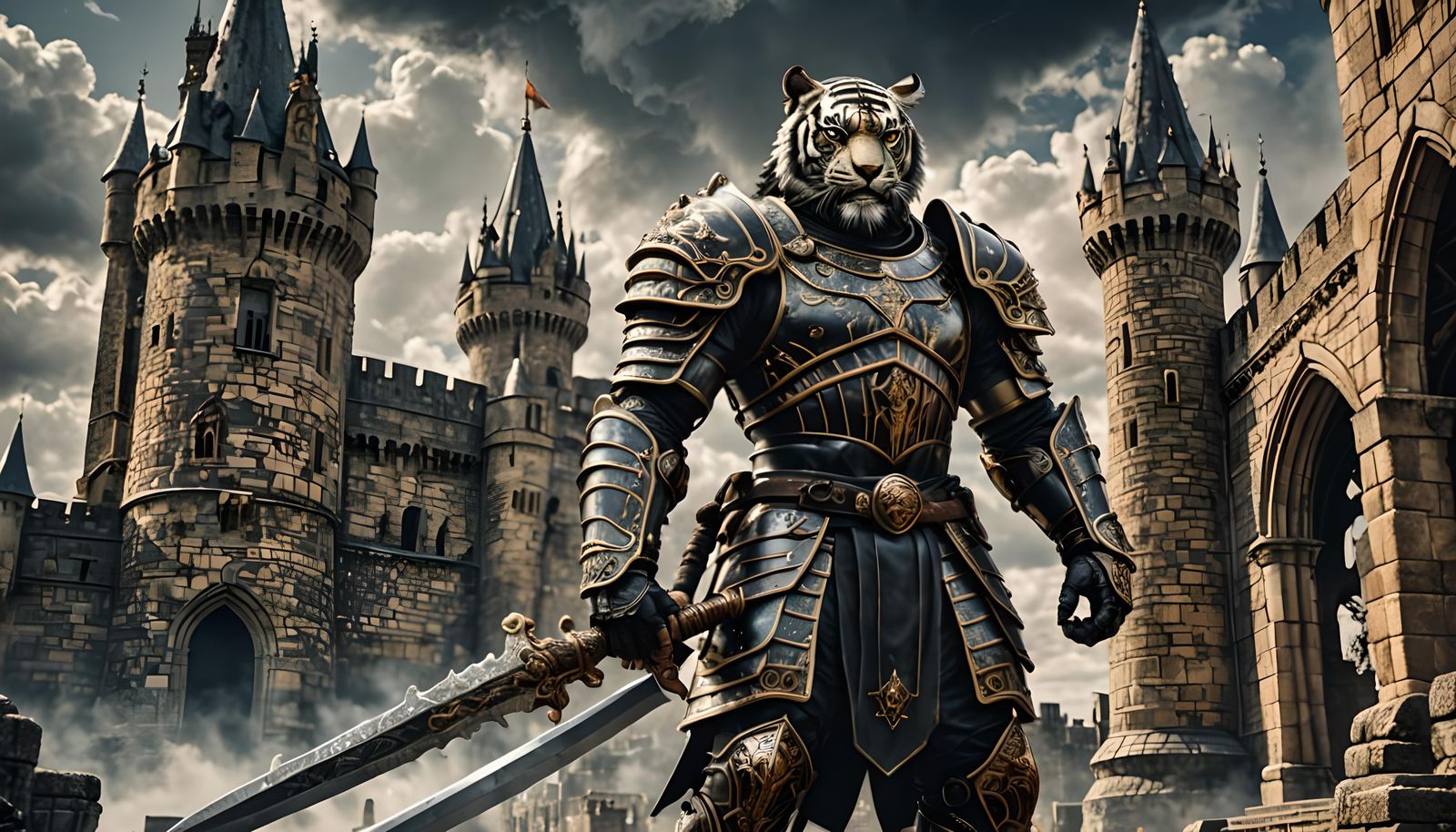 Winged Tiger Warrior Guarding a Castle