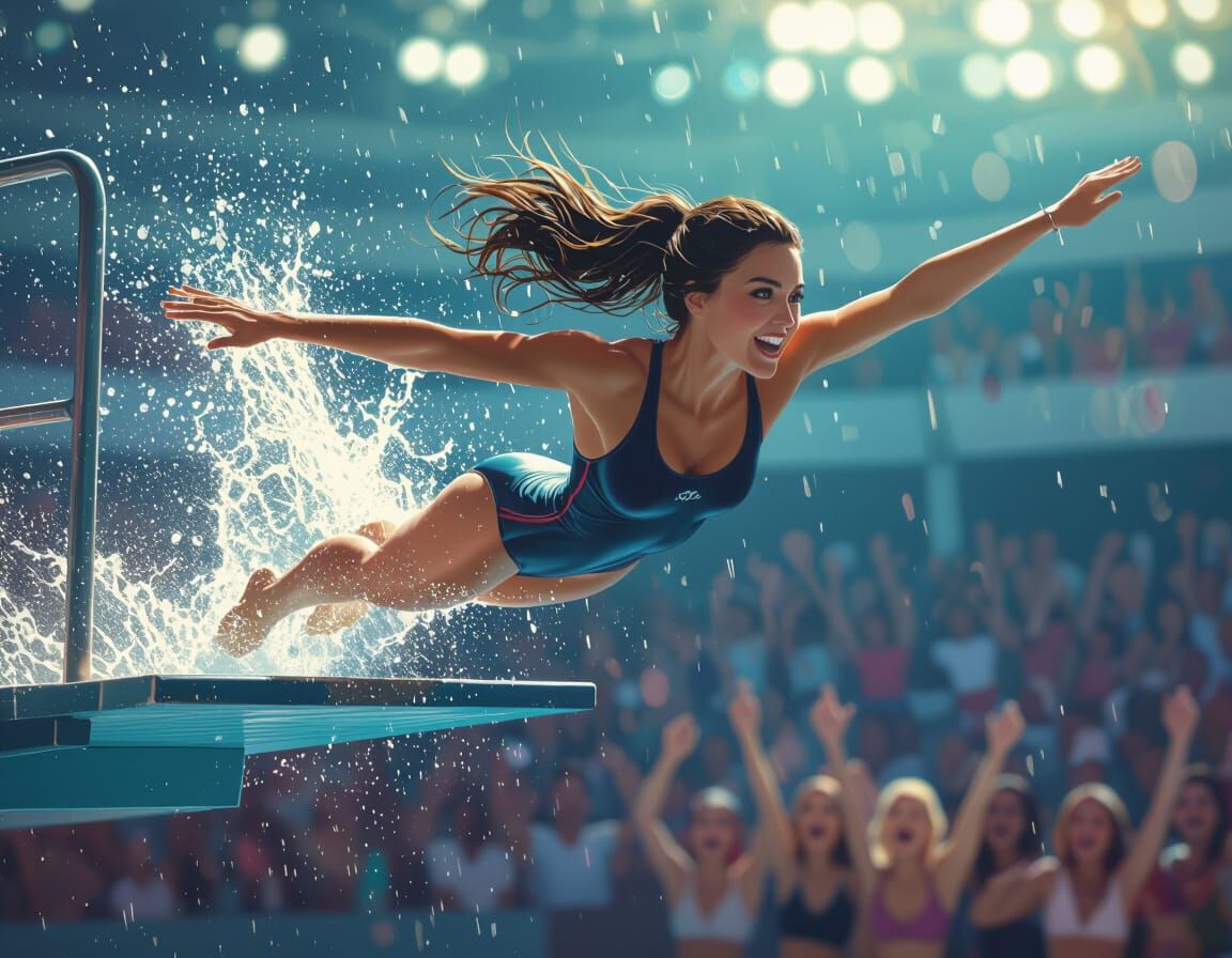 Woman Diver's Triumphant Leap: Hyperrealistic Matte Painting