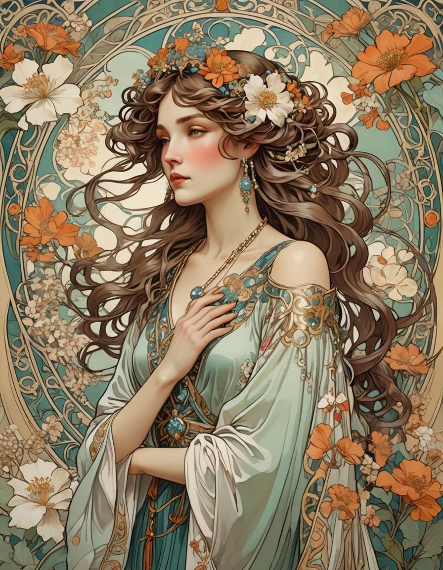 Elegant Woman in Floral Robes: Art Nouveau Illustration