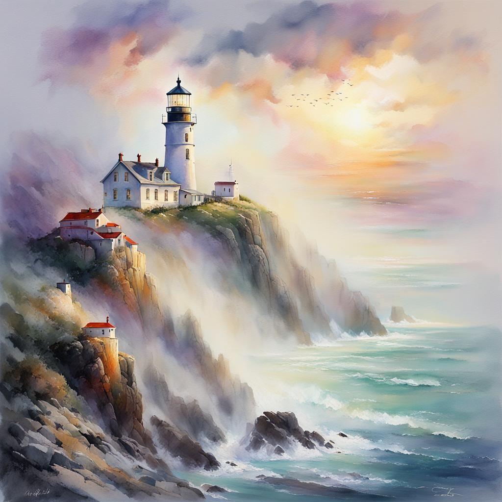 Lighthouse in Fog: Dreamy Ethereal Pastel Art