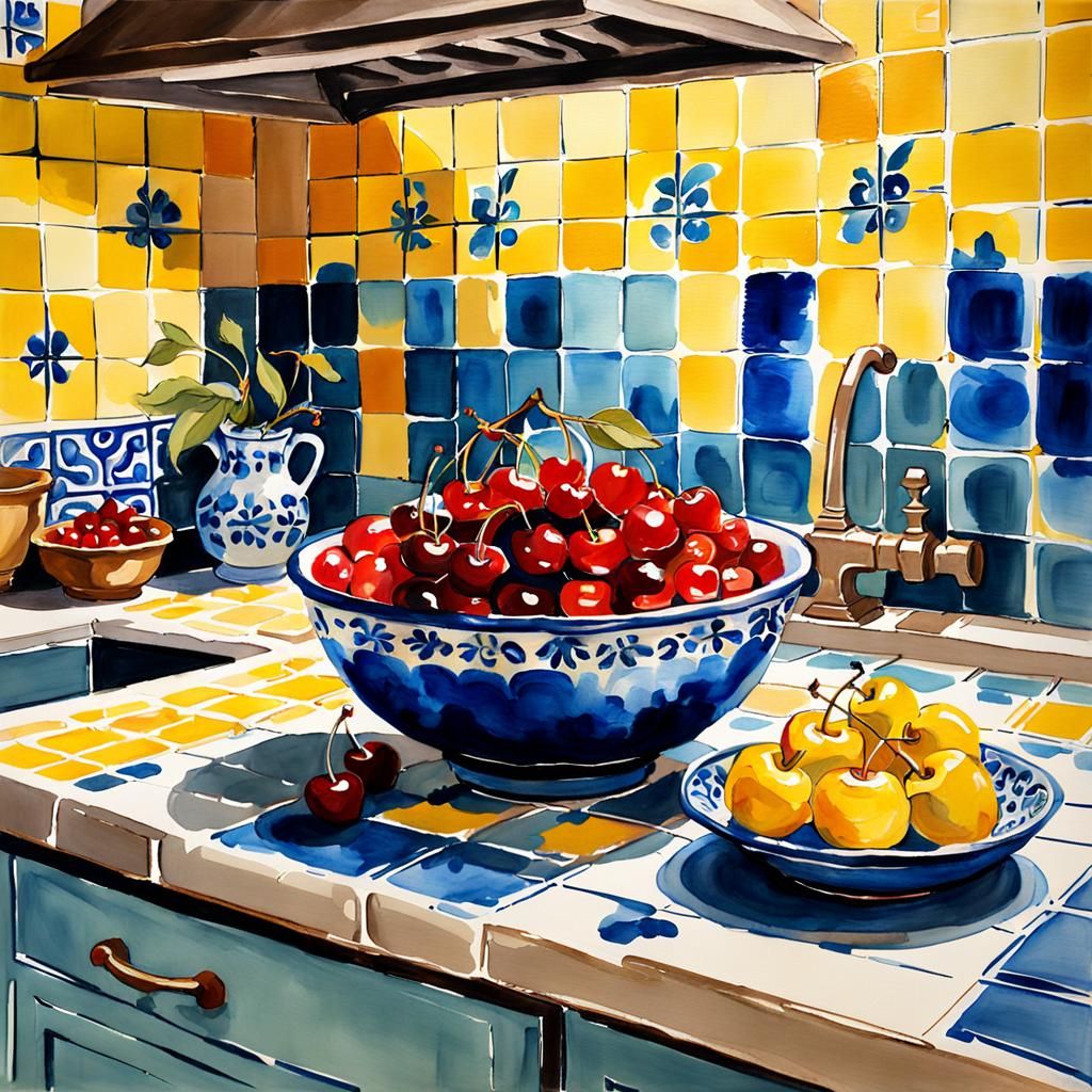 Cherries and Spanish Tile in Impressionist Gouache