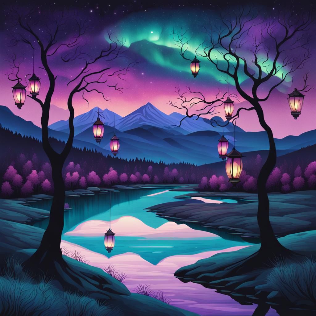 Enchanting Landscape with Aurora Borealis in Fantasy Style
