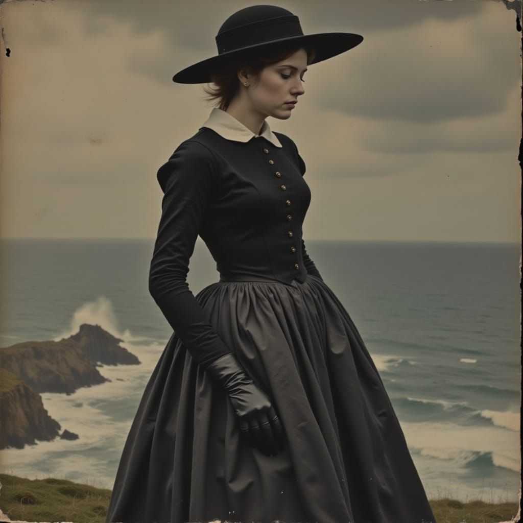 Dutch Woman Portrait with Dramatic Sea, as Oil Painting