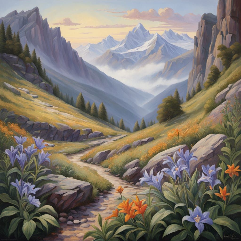 Delicate Alpine Blooms in Majestic Swiss Alps Landscape