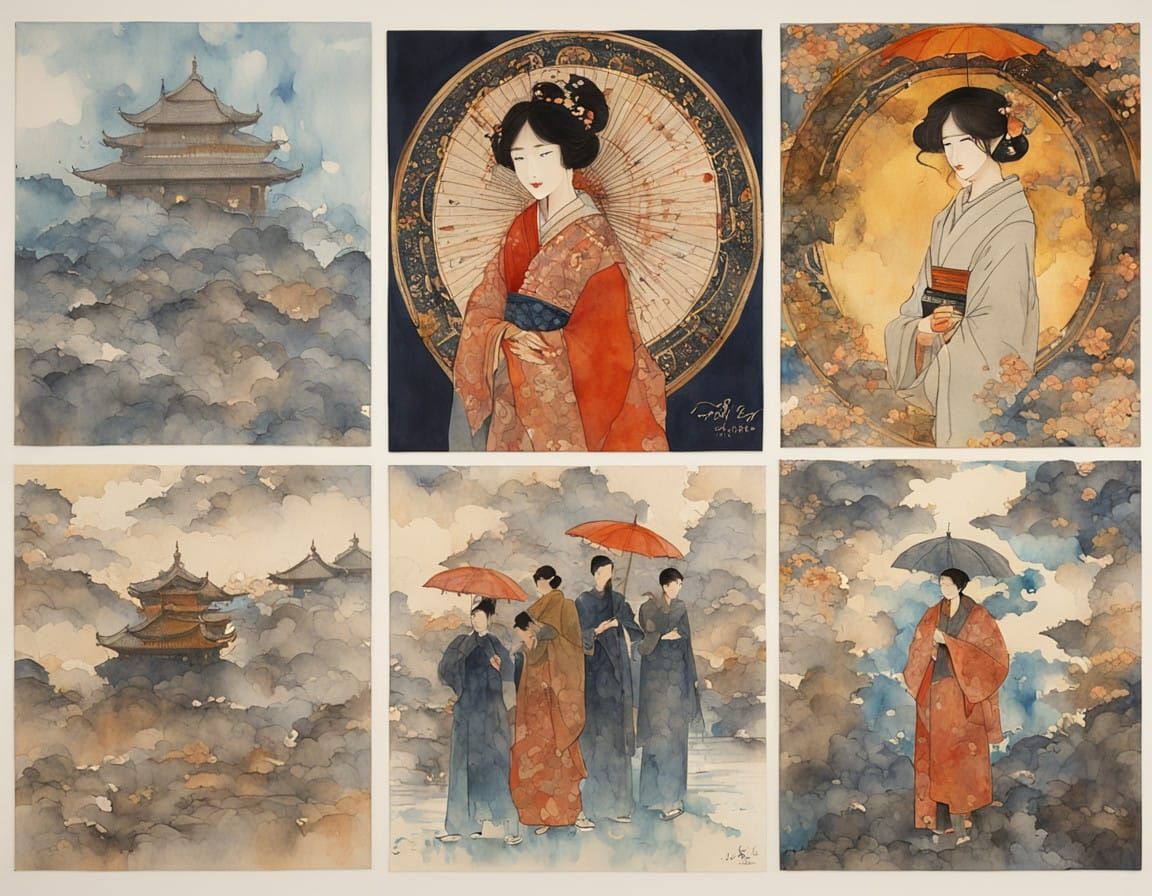 Surreal Watercolor on Textured Canvas, East Asian Block Prin...